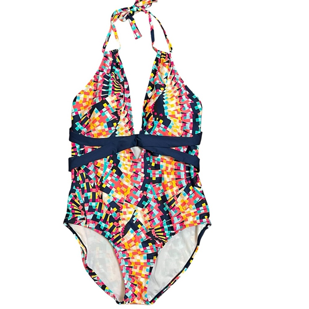 Cleanwater Vibrant Mosaic Women’s One Piece Swimsuit Deep V-neck Tie Halter XL